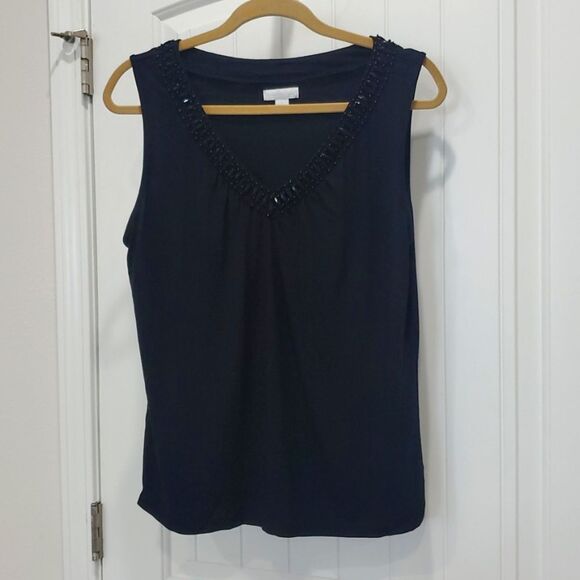 Charter Club Black Vneck Embellished  Womans Knit Tank, Large - Picture 1 of 6